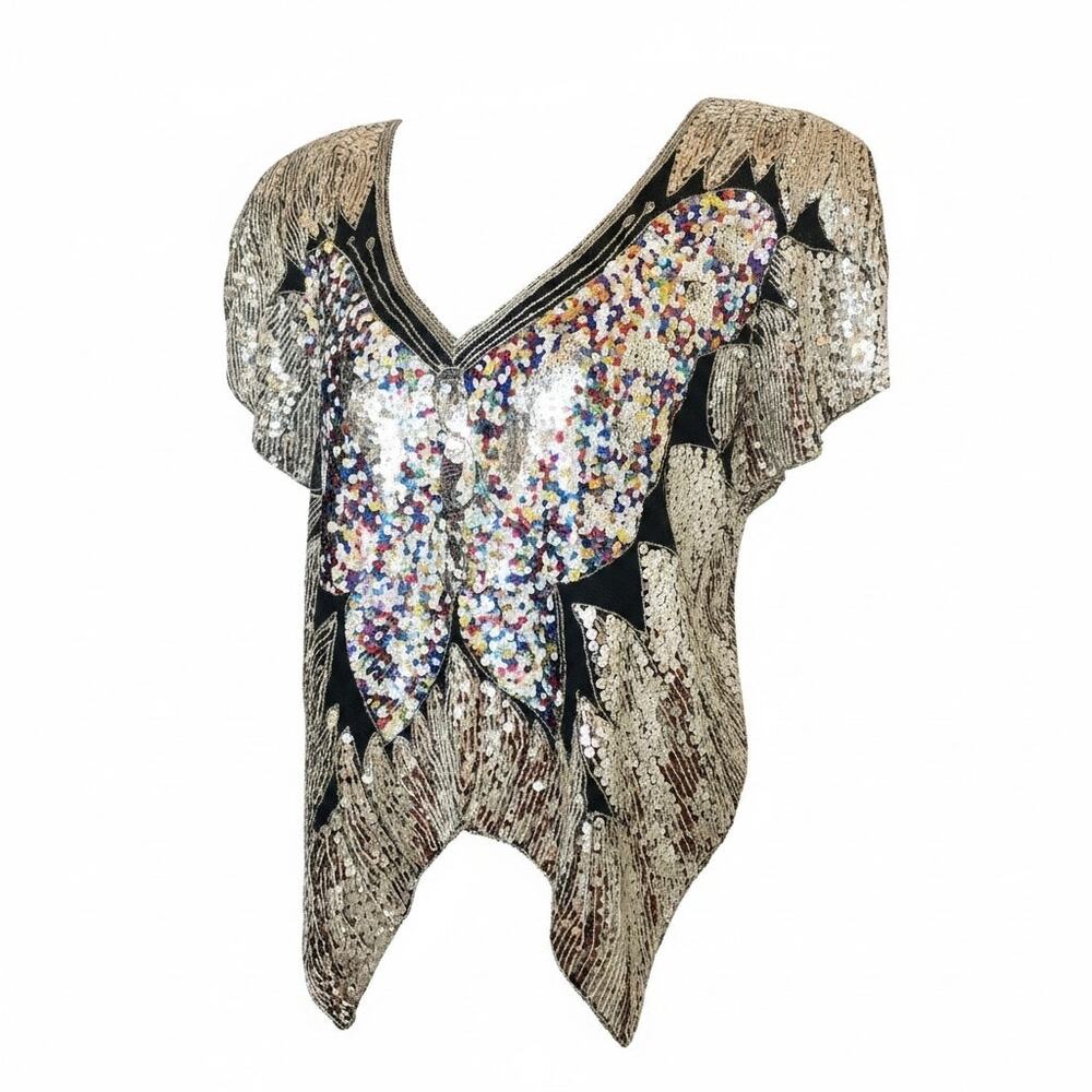 Vintage Women's Size XL 100% Silk Swquin Butterfly Top Blouse 70s 80s Disco Glam